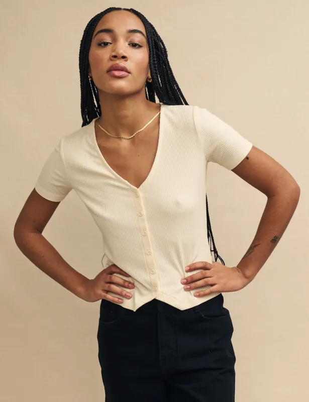 Cream V-Neck Button Detail Short Sleeve Top sold by Nobody's Child