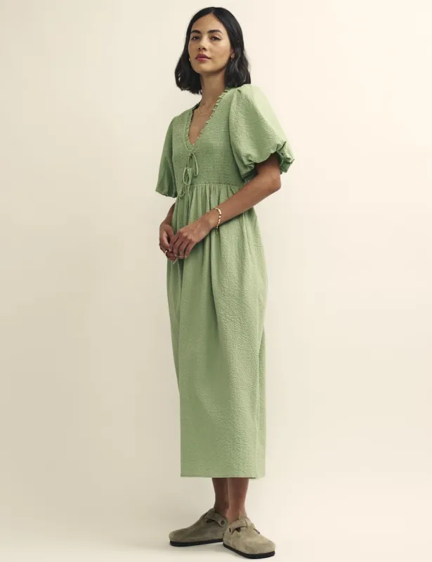 Sage Green Shirred Bodice Leiza Midi Dress sold by Nobody's Child