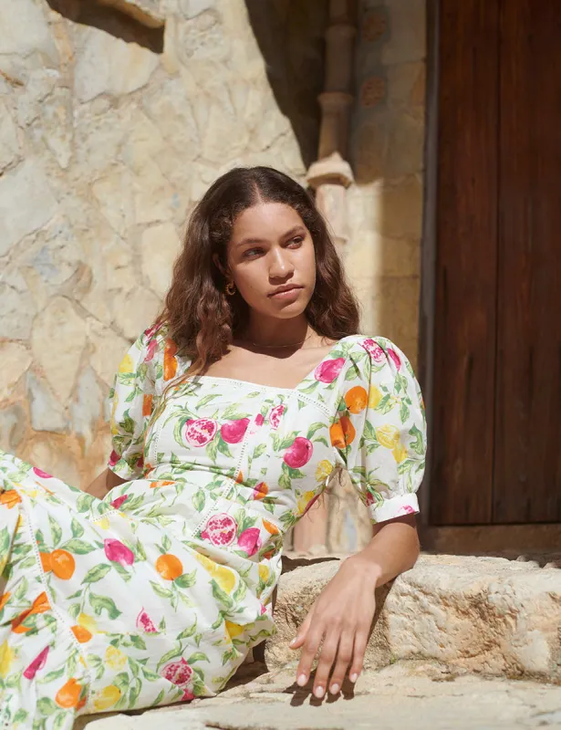 White Fruit Print Isla Midaxi Dress sold by Nobody's Child