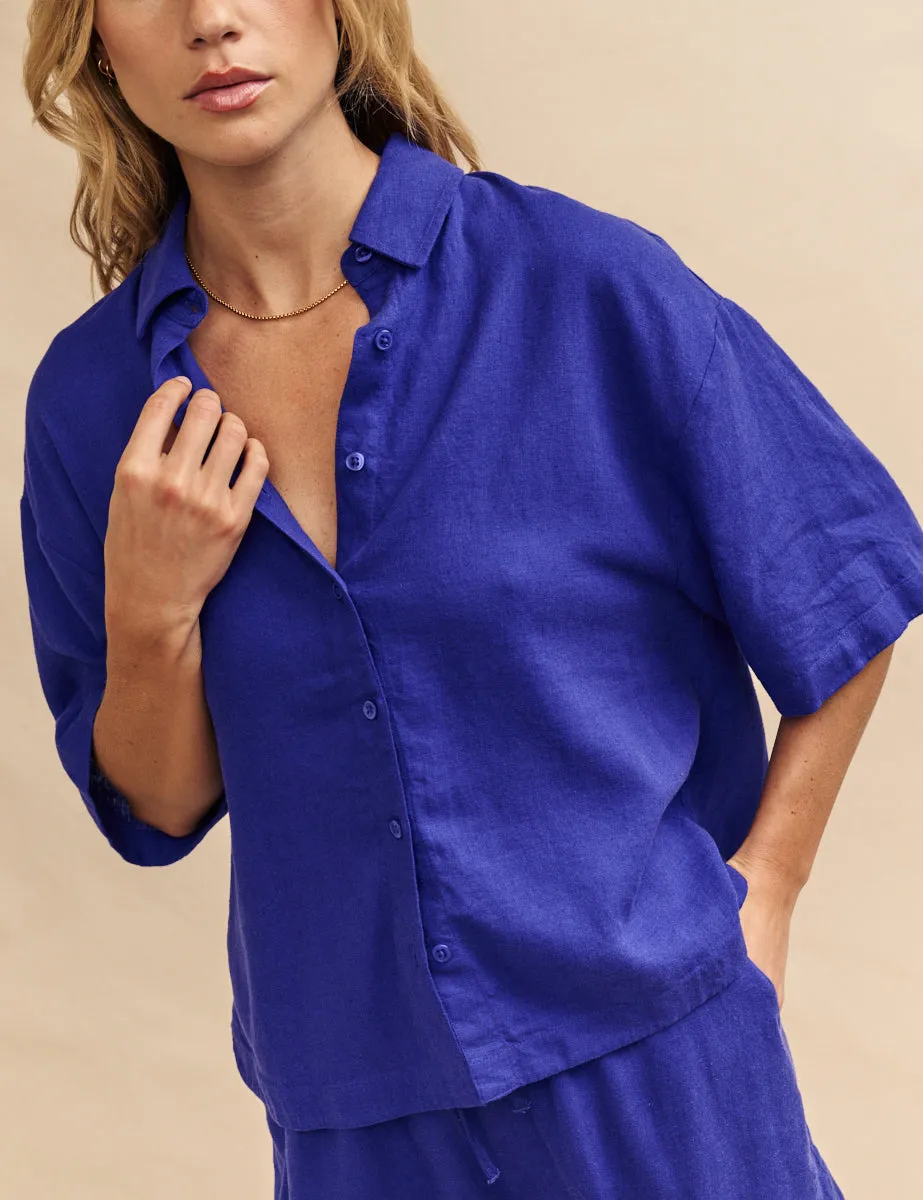 Electric Blue Linen-blend Short Sleeve Shirt sold by Nobody's Child