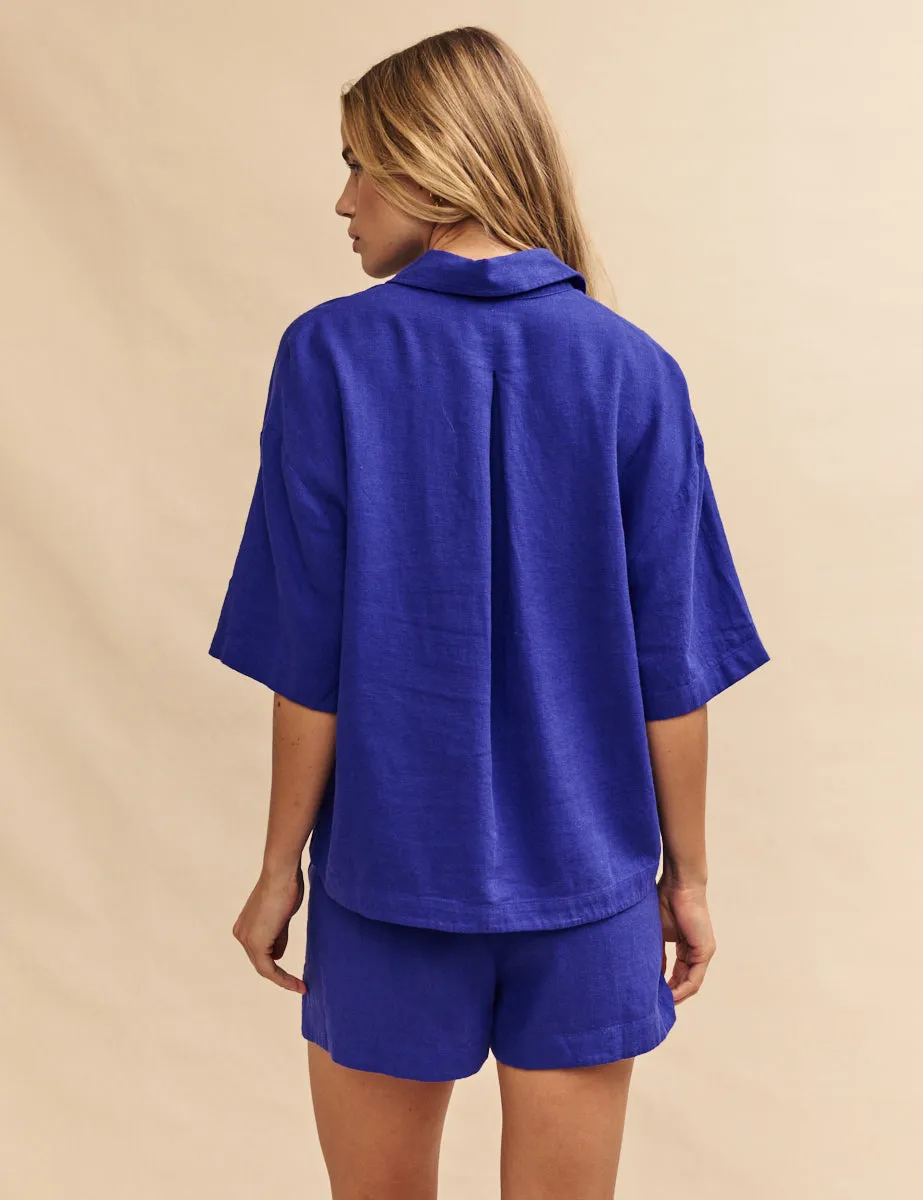 Electric Blue Linen-blend Short Sleeve Shirt sold by Nobody's Child product image thumbnail 4