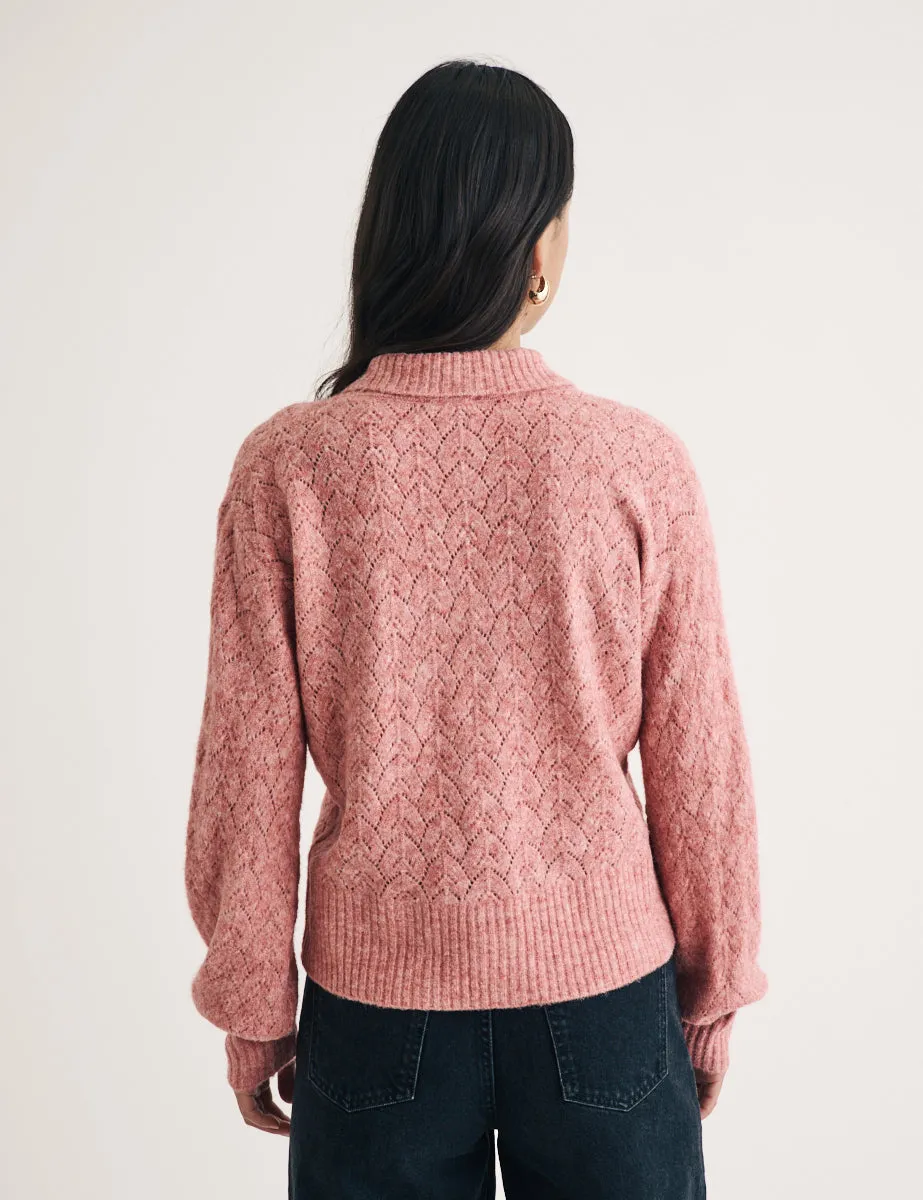 Pink Collar Pointelle Wool Blend Knitted Cardigan sold by Nobody's Child product image thumbnail 4