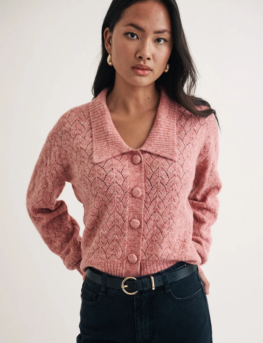 Pink Collar Pointelle Wool Blend Knitted Cardigan sold by Nobody's Child