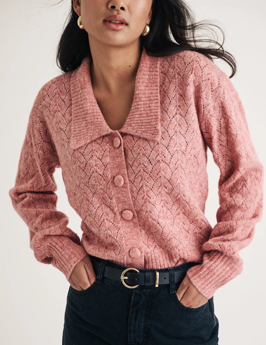 Pink Collar Pointelle Wool Blend Knitted Cardigan sold by Nobody's Child product image thumbnail 3