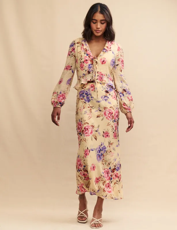 Cream Floral Lotus Midi Skirt sold by Nobody's Child