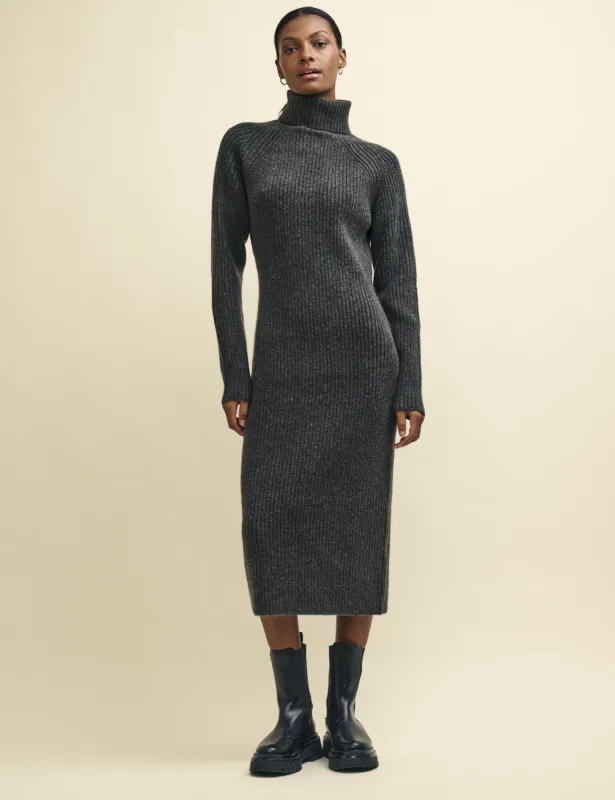Charcoal Grey Roll Neck Knitted Midi Dress sold by Nobody's Child