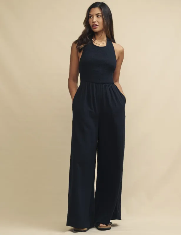 Black Halter Neck Wide Leg Jumpsuit sold by Nobody's Child