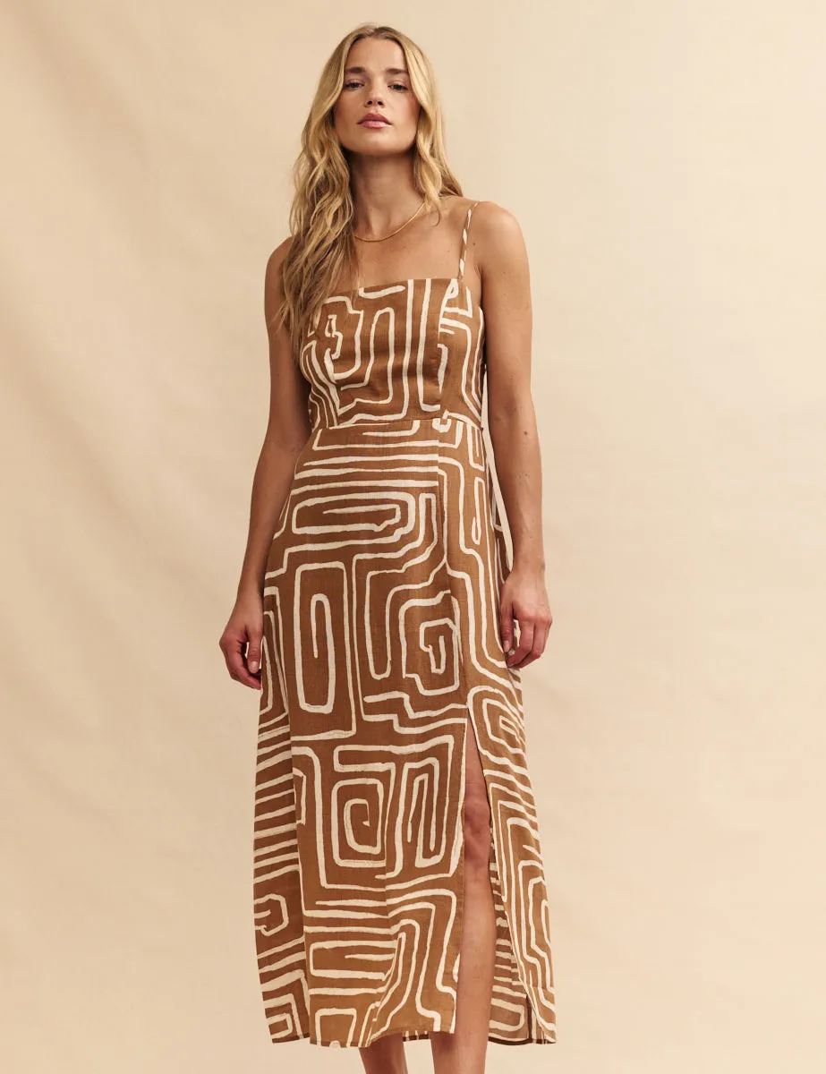 Brown Linen-blend Abstract Maddy Midi Dress sold by Nobody's Child