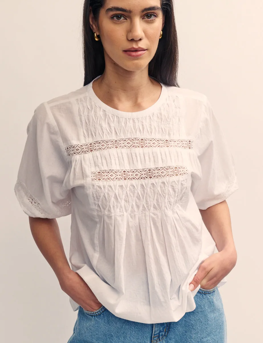 White Lace Detail Smock Short Sleeve Blouse sold by Nobody's Child