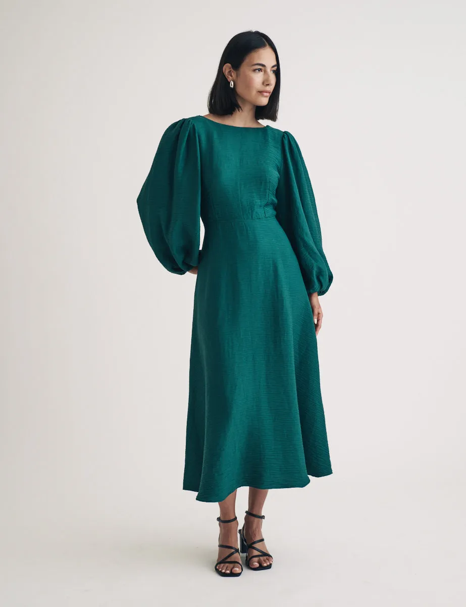 Emerald Green Balloon Sleeve Zora Midi Dress sold by Nobody's Child