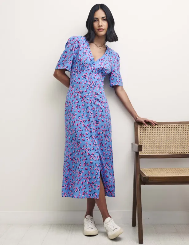 Blue Strawberry Print Alexa Midi with Shirring Dress sold by Nobody's Child