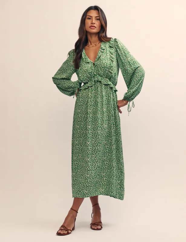 Green Ditsy Floral Ruffle Trimmed Otto Midi Dress Parallel
