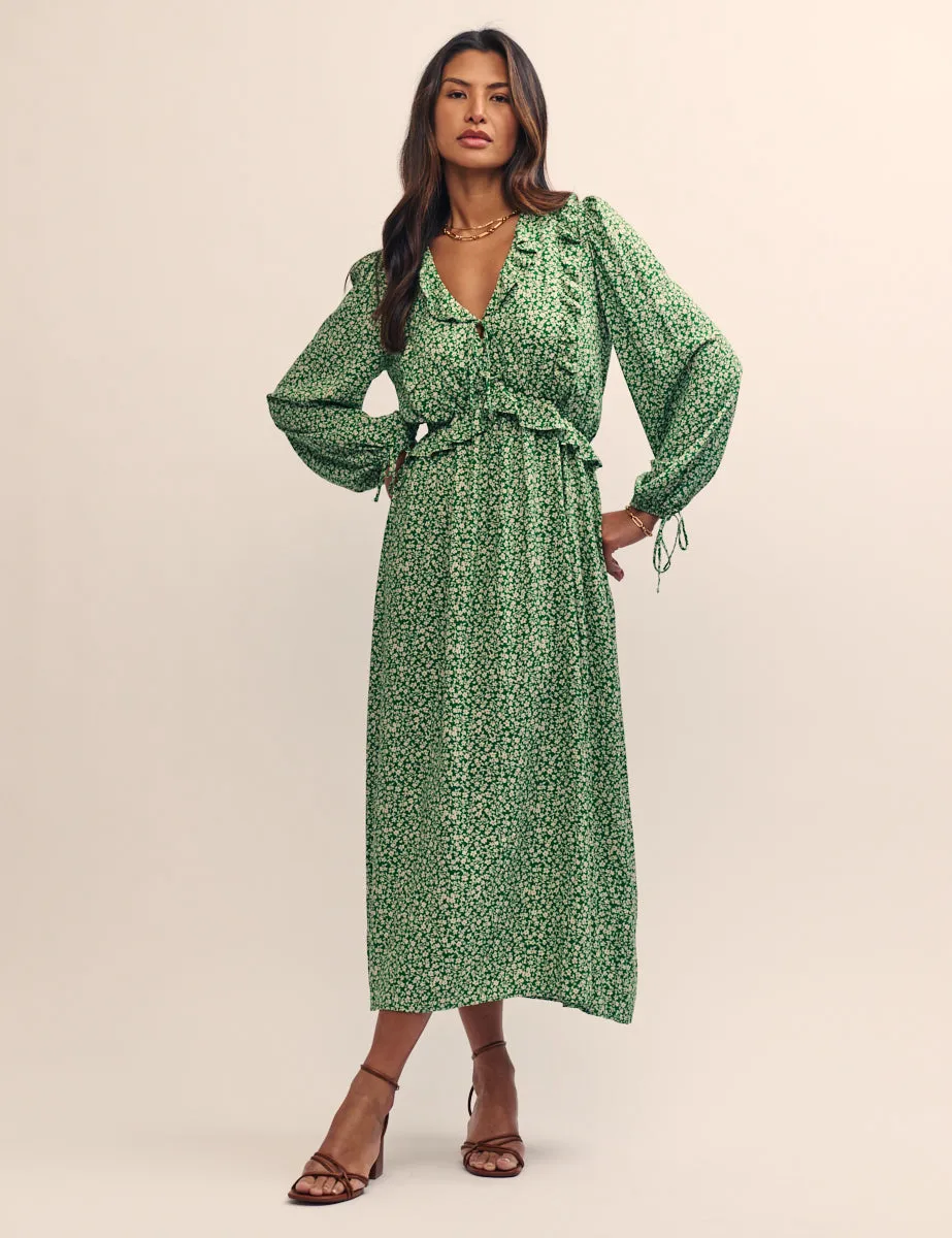 Green Ditsy Floral Ruffle Trimmed Otto Midi Dress | Parallel