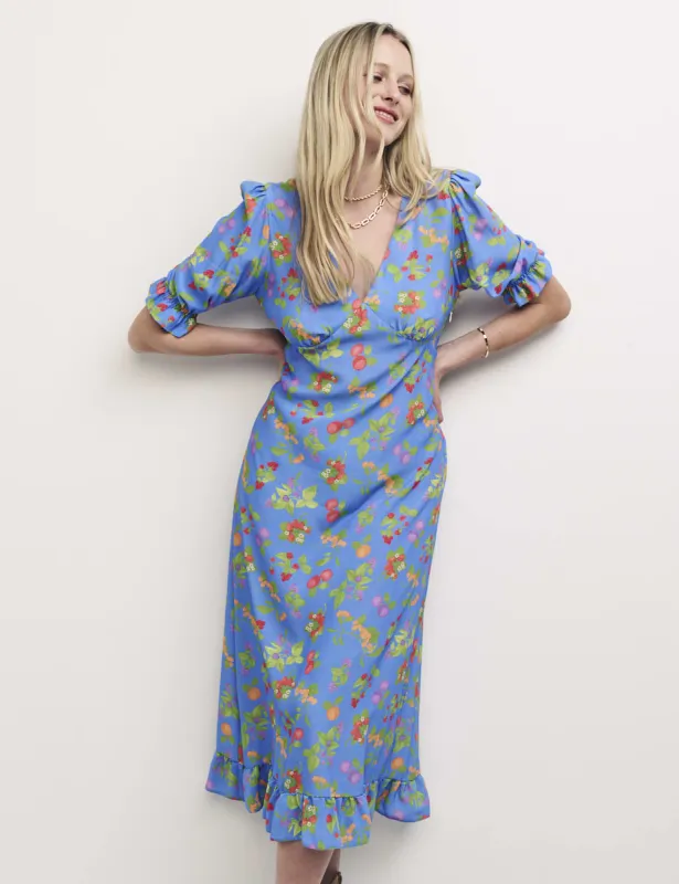Petite Blue Fruit Print Delilah Midi Dress sold by Nobody's Child