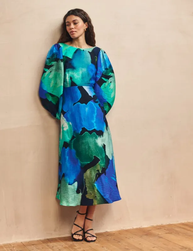 Blue Watercolour Floral Zora Midi Dress sold by Nobody's Child