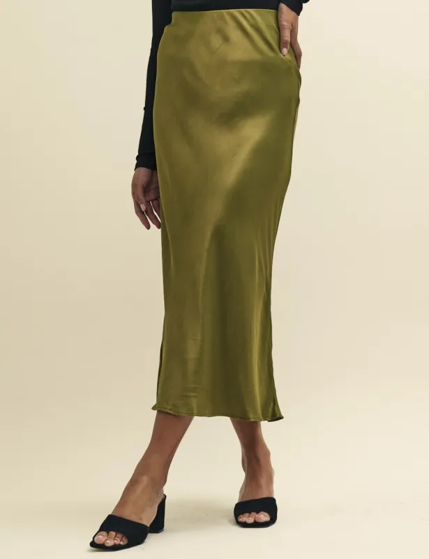 Olive Green Mila Satin Slip Midi Skirt sold by Nobody's Child