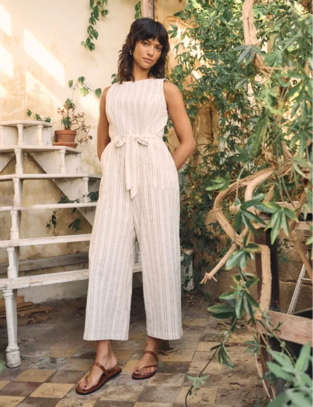 Cream Stripe Tie Waist Jumpsuit sold by Nobody's Child
