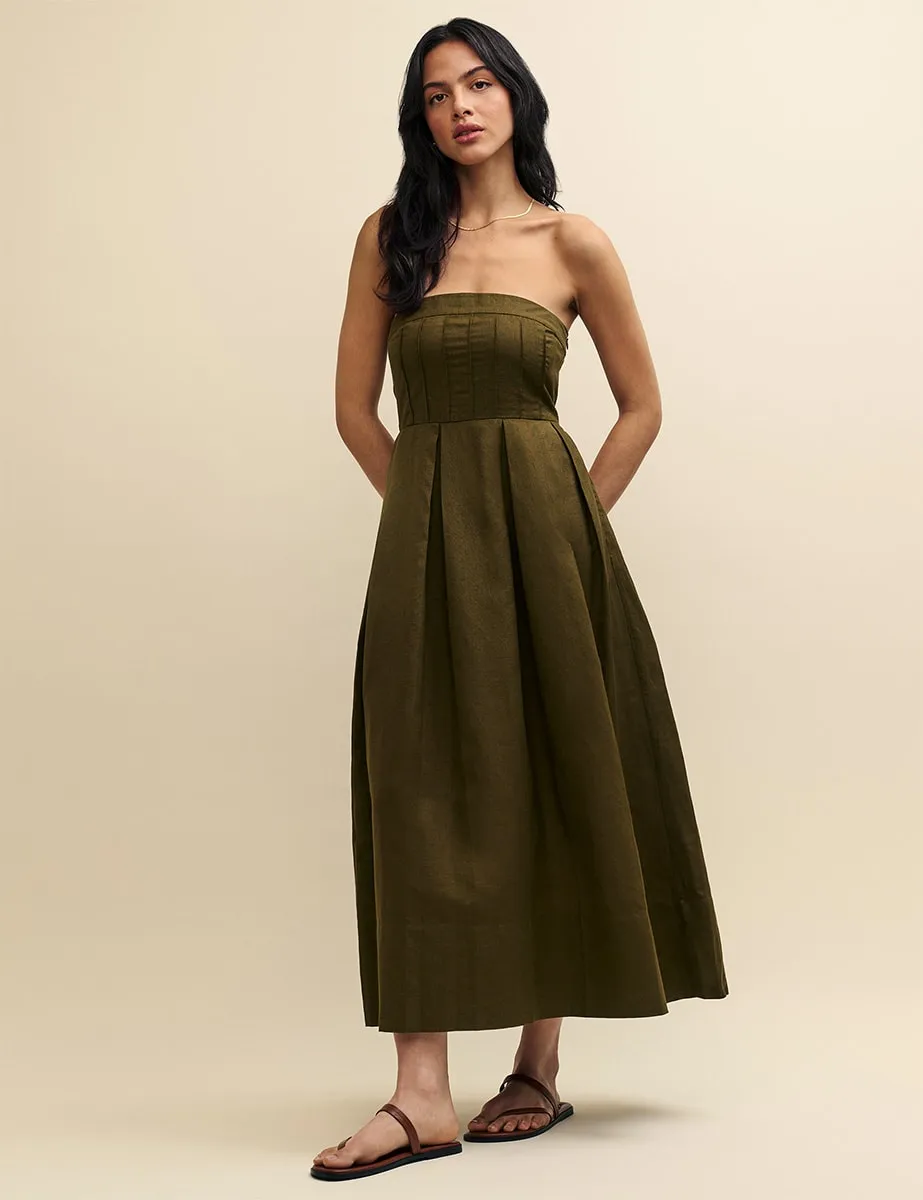Olive Green Strapless Richie Midi Dress sold by Nobody's Child