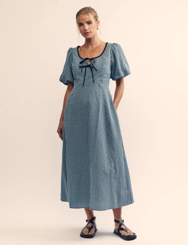 Blue Gingham Bertie Milkmaid Midi Dress sold by Nobody's Child