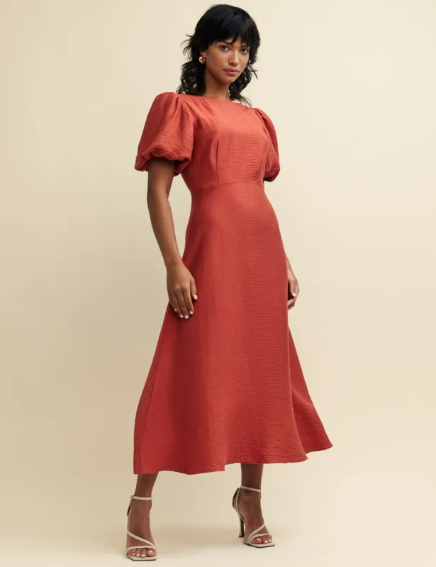 Terracotta Puff Sleeve Zora Midaxi Dress sold by Nobody's Child
