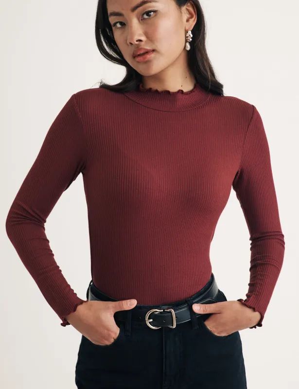 Burgundy Funnel Neck Long Sleeve Lizzie Top sold by Nobody's Child