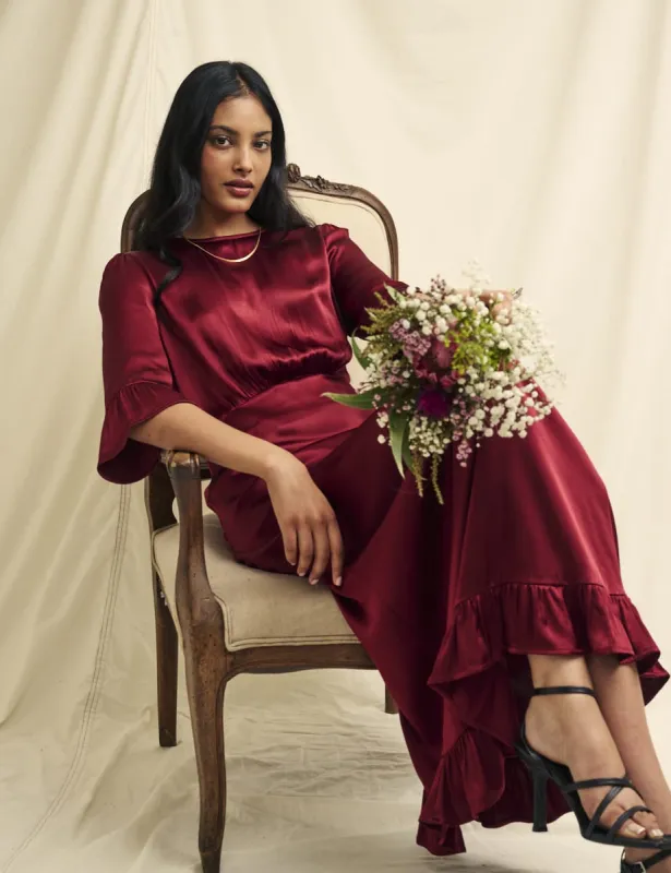 Burgundy Satin Fleur Bridesmaid Midaxi Dress sold by Nobody's Child