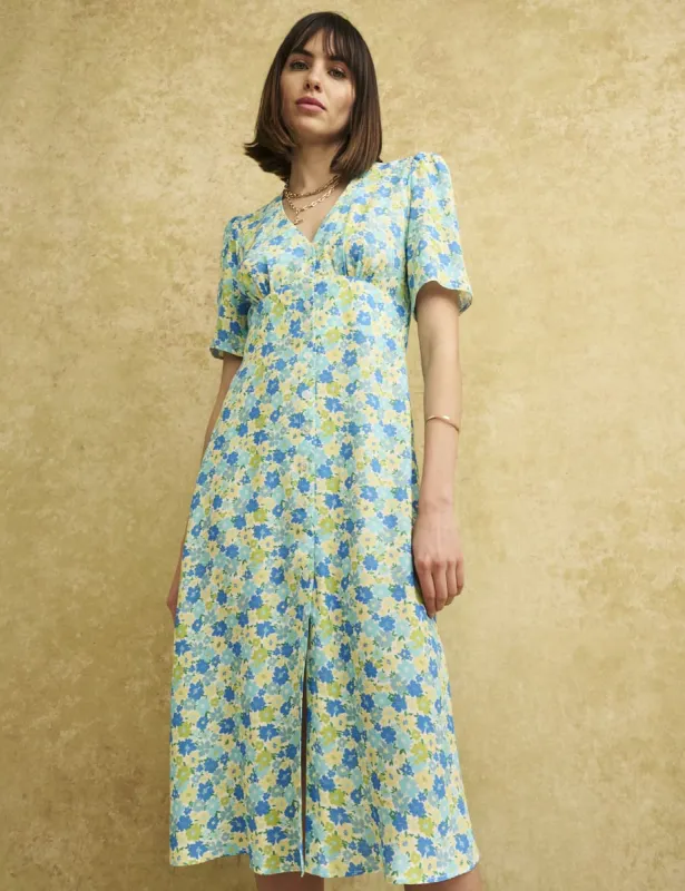 Blue Vintage Floral Alexa Midi with Shirring Tea Dress sold by Nobody's Child