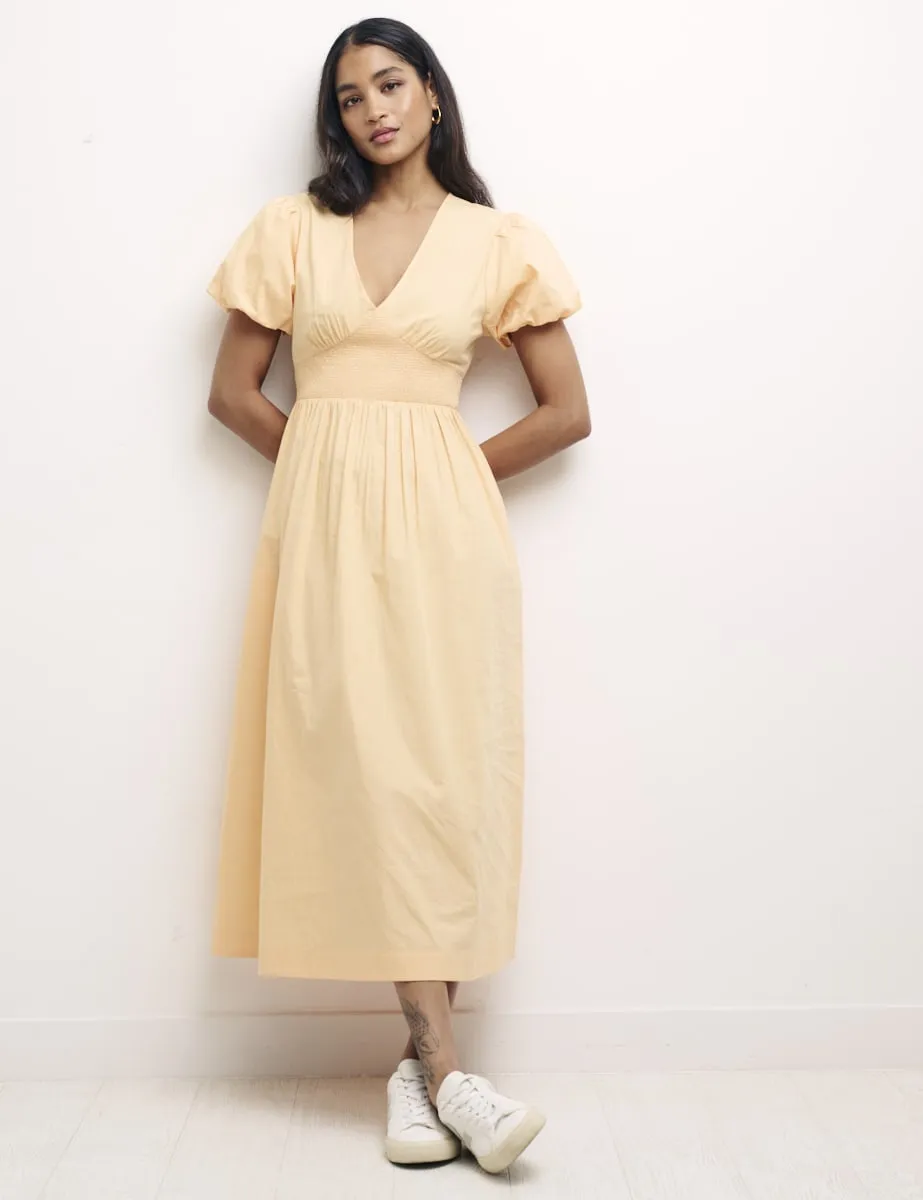 Peach Puff Sleeve Sansa Midi Dress sold by Nobody's Child