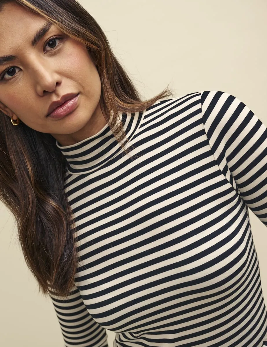 Black and White Stripe Funnel Neck Long Sleeve Jersey Top sold by Nobody's Child product image thumbnail 2