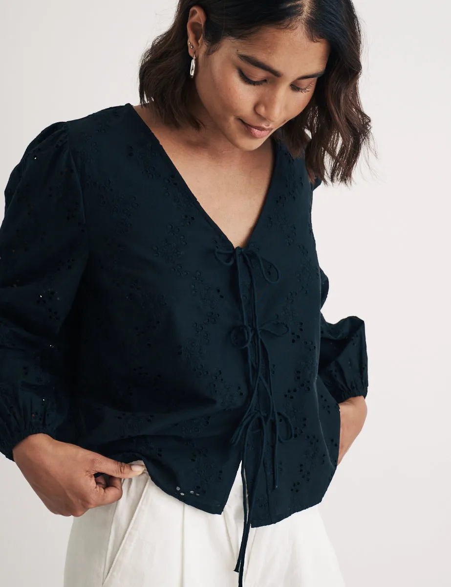 Black Broderie Anglaise Tie Front Bernadetta Blouse sold by Nobody's Child product image thumbnail 3