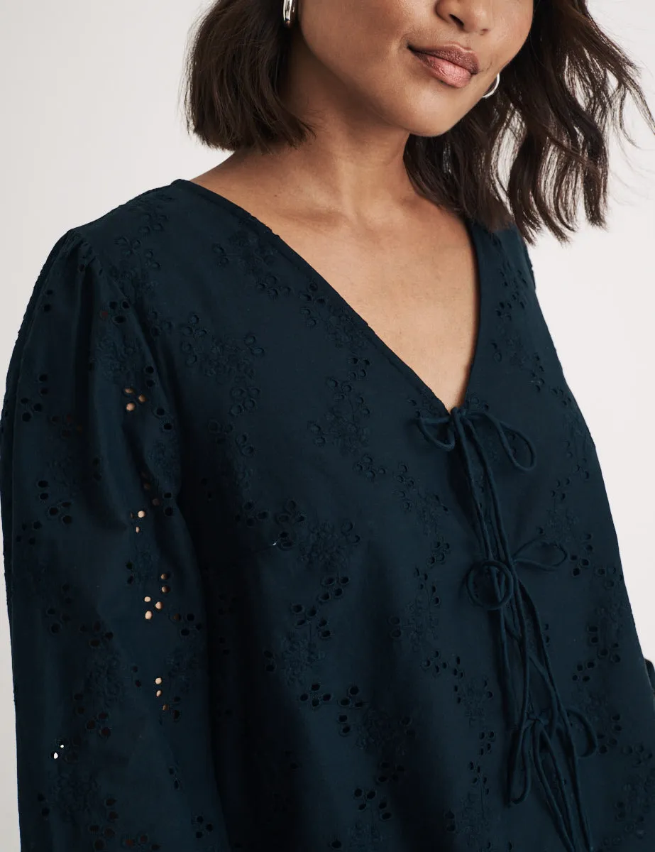 Black Broderie Anglaise Tie Front Bernadetta Blouse sold by Nobody's Child product image thumbnail 2