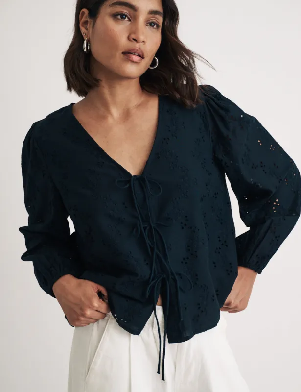 Black Broderie Anglaise Tie Front Bernadetta Blouse sold by Nobody's Child