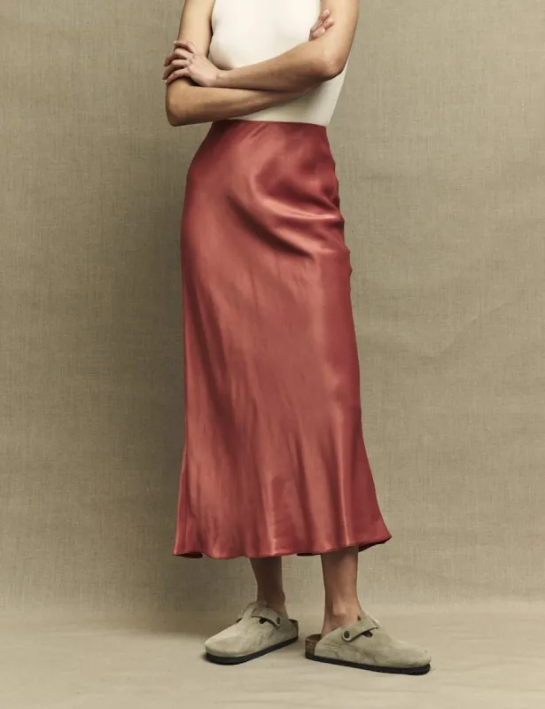 Teracotta Mila Satin Midi Skirt sold by Nobody's Child