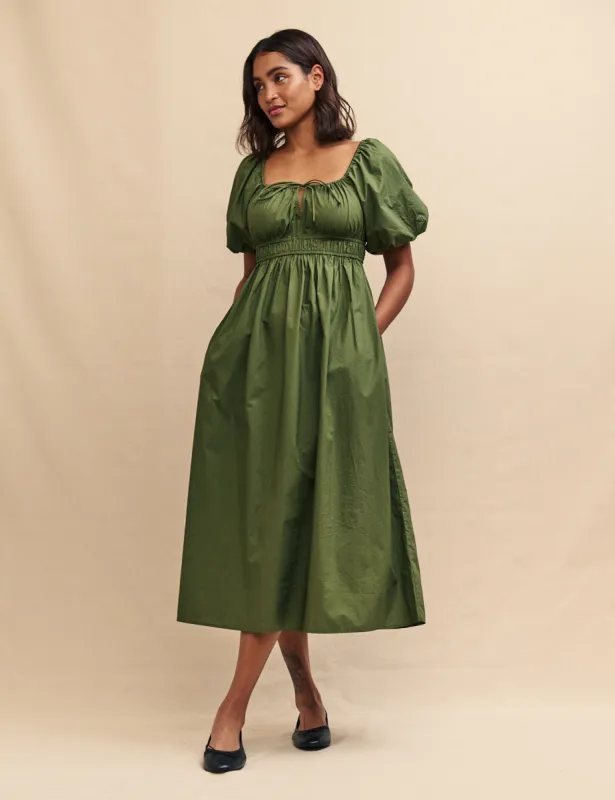 Forest Green Puff Sleeve Evelyn Midi Dress sold by Nobody's Child