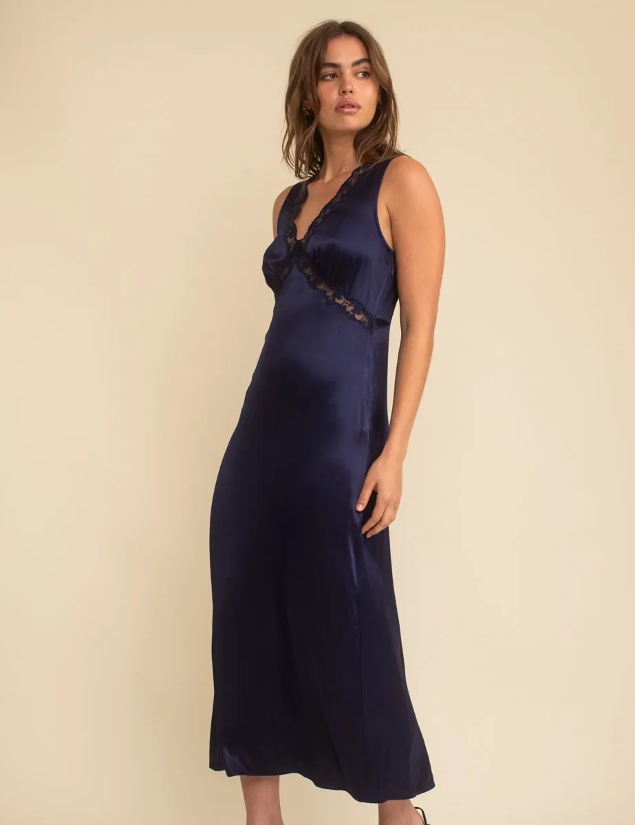 Navy Sleeveless Satin Lace Trim Nessy Bridesmaid Midaxi Dress sold by Nobody's Child product image thumbnail 4