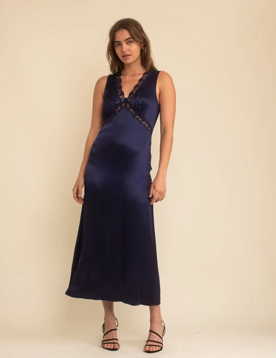 Navy Sleeveless Satin Lace Trim Nessy Bridesmaid Midaxi Dress sold by Nobody's Child