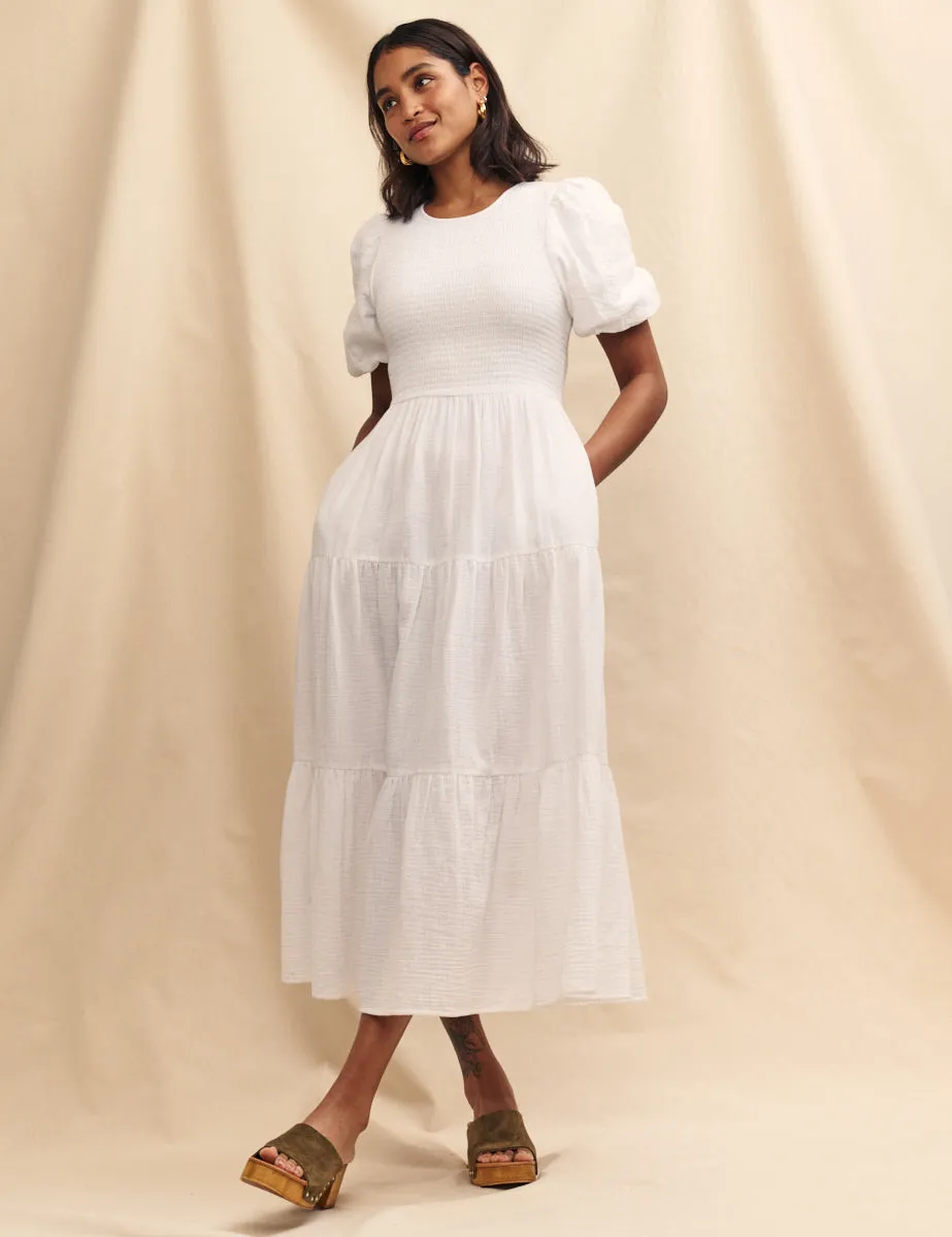 White Tiered Charlie Midi Dress sold by Nobody's Child