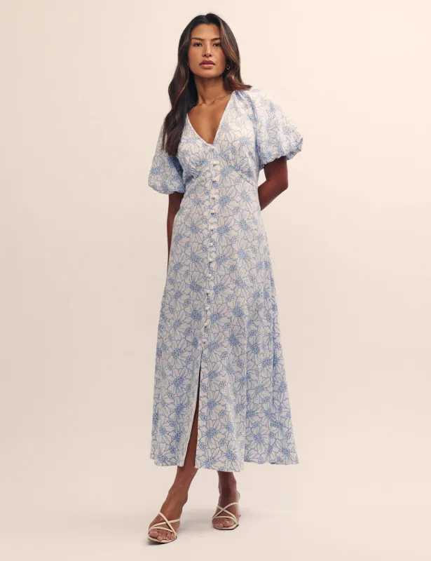 White Embroidered Floral Lennox Midi Dress sold by Nobody's Child