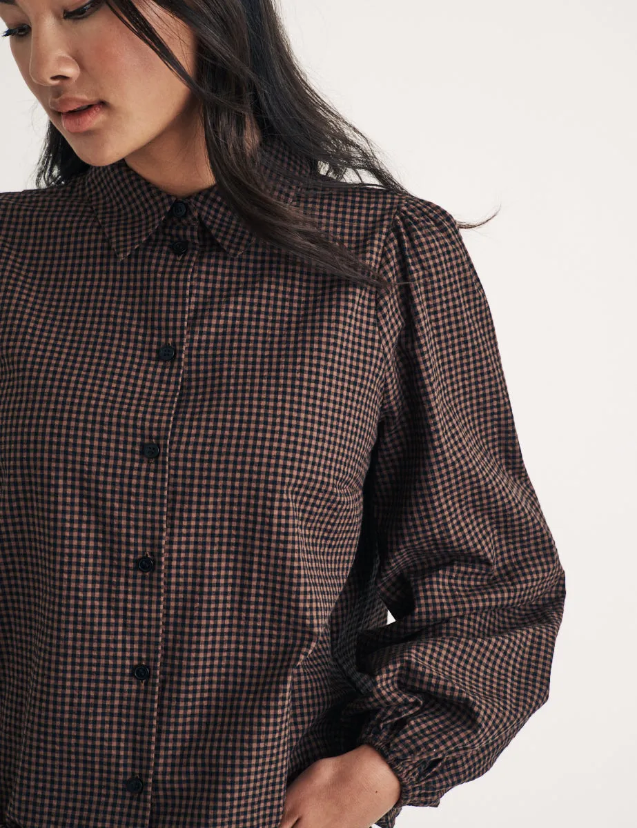 Brown Gingham Puff Sleeve Shirt sold by Nobody's Child product image thumbnail 3