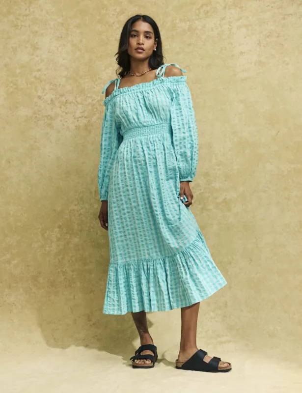 Blue Gingham Check Bardot Freya Midi Dress sold by Nobody's Child