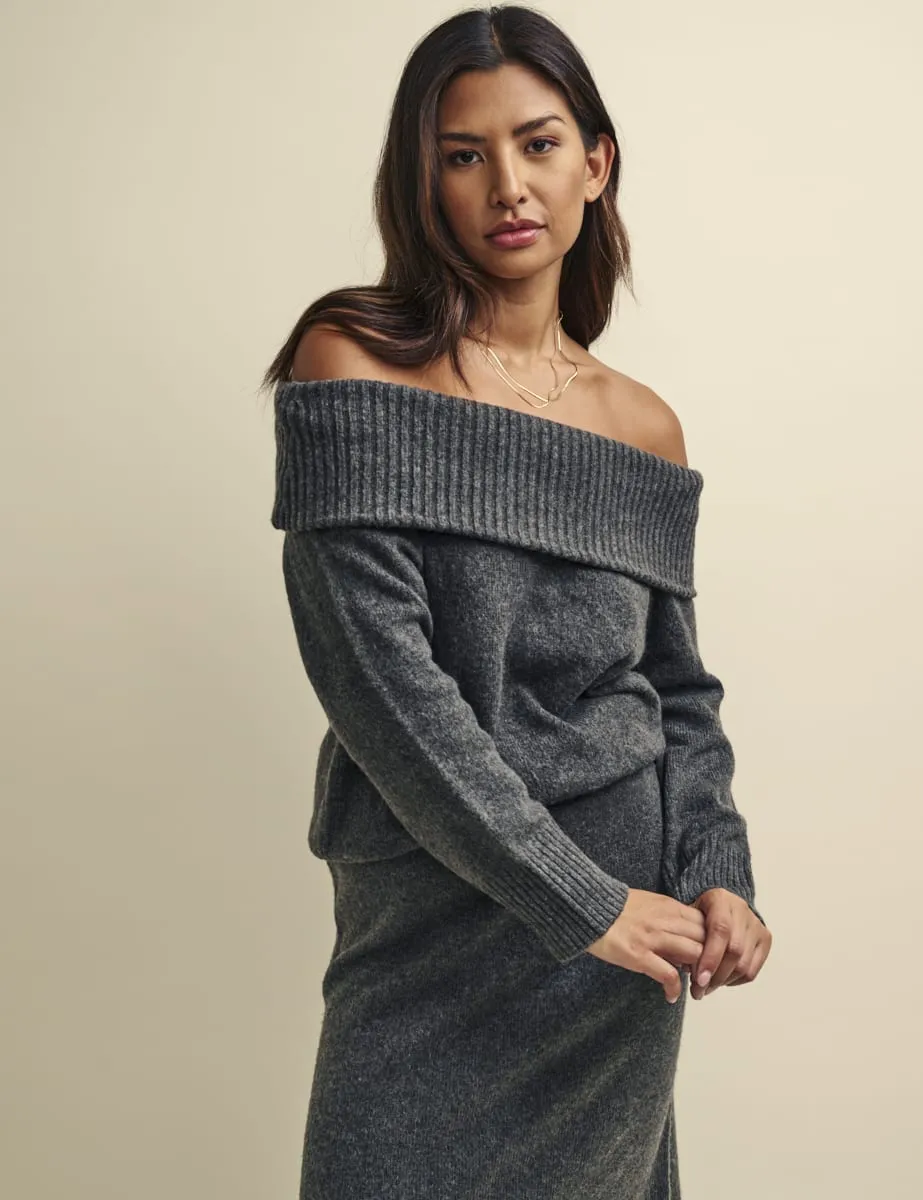 Grey Knitted Bardot Jumper sold by Nobody's Child