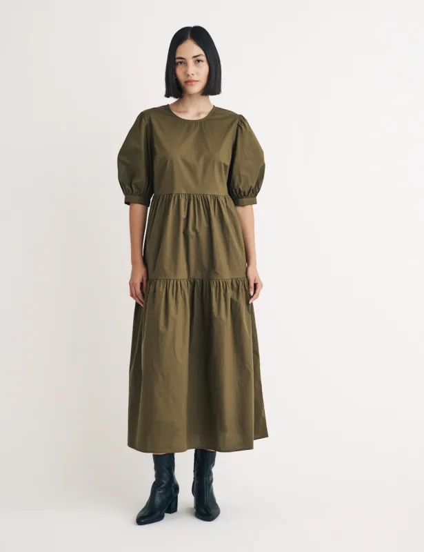 Khaki Green Tiered Rochelle Smock Midi Dress sold by Nobody's Child