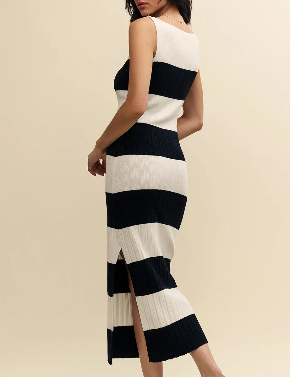 Black and White Wide Stripe Slash Neck Midi Dress sold by Nobody's Child product image thumbnail 4