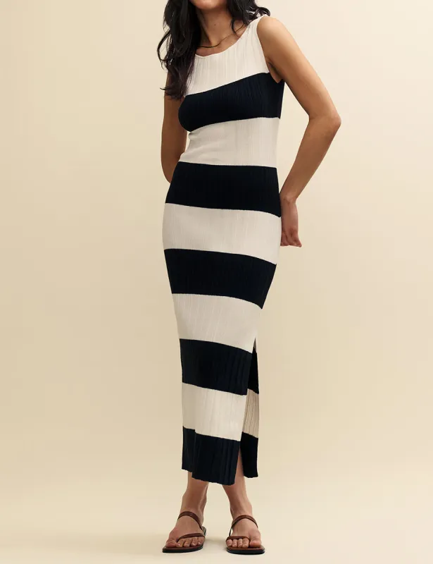 Black and White Wide Stripe Slash Neck Midi Dress sold by Nobody's Child