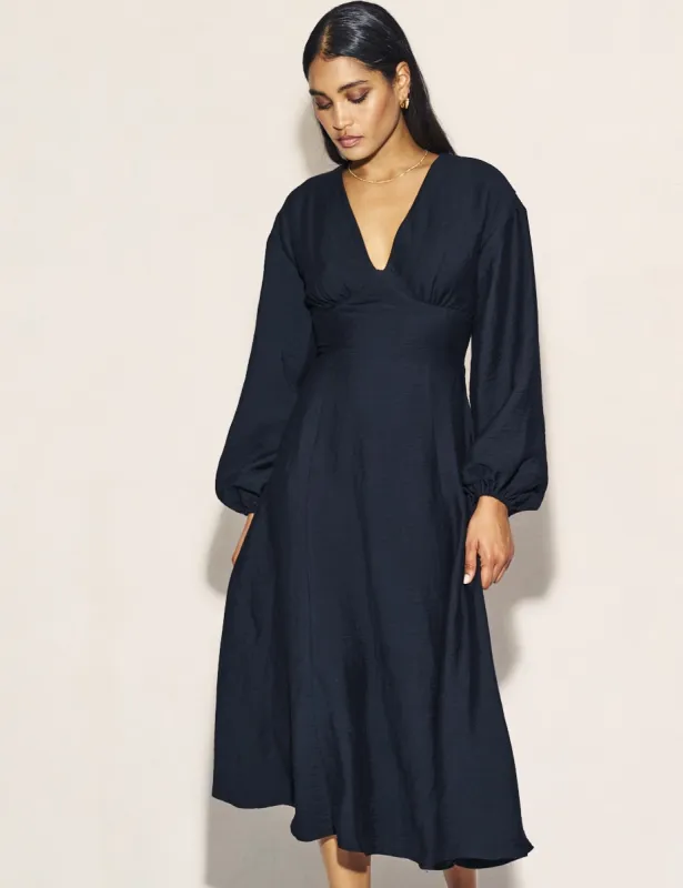 Black Balloon Sleeve V-Neck Raye Midi Dress sold by Nobody's Child