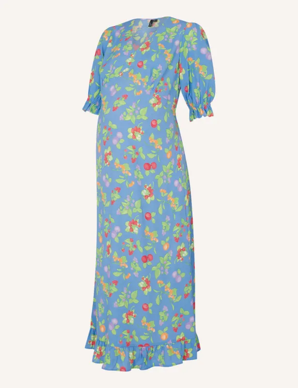 Maternity Blue Fruit Print Delilah Midi Dress sold by Nobody's Child