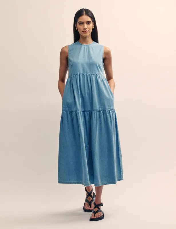 Light Blue Denim Tiered Rochelle Midi Dress sold by Nobody's Child