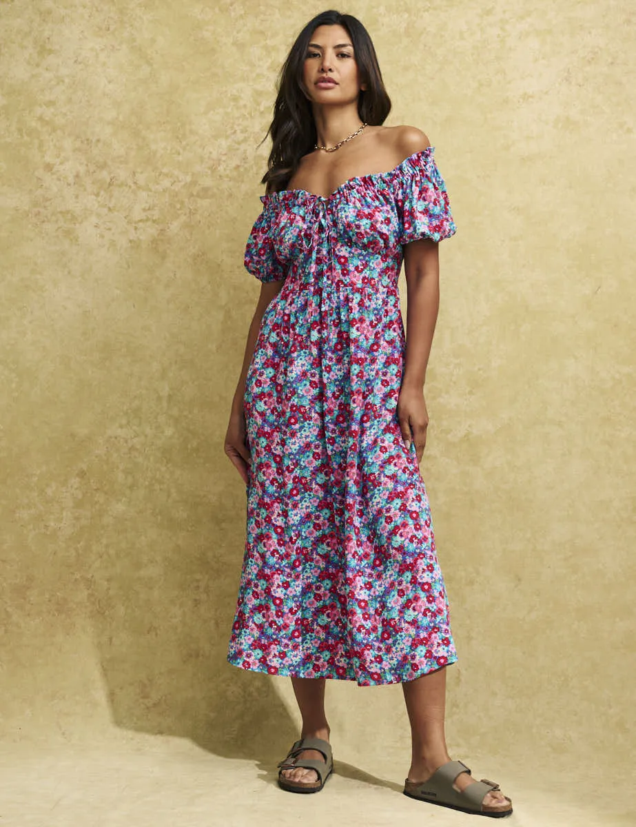 Pink and Blue Floral Bardot Genevieve Midi Dress sold by Nobody's Child product image thumbnail 4