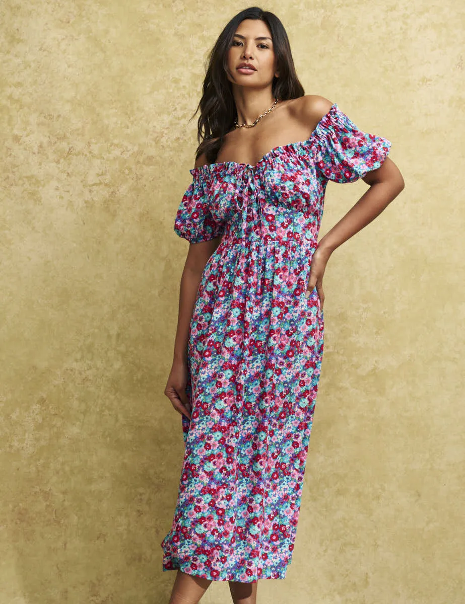 Pink and Blue Floral Bardot Genevieve Midi Dress sold by Nobody's Child product image thumbnail 3