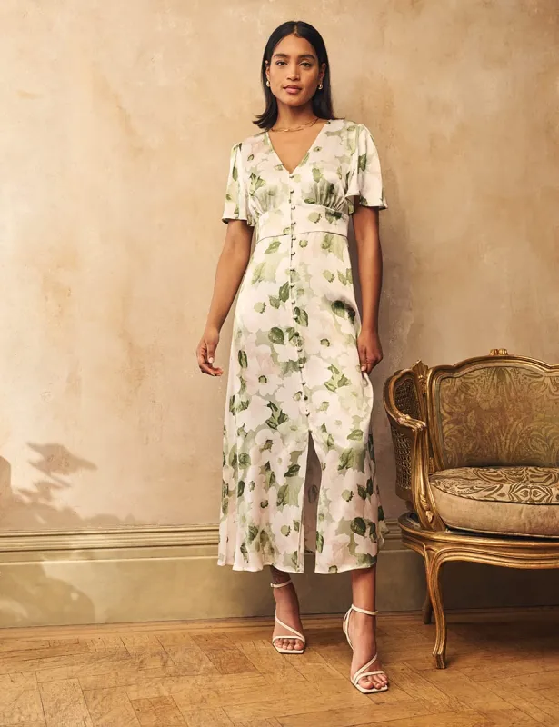 Green Floral Satin Erin Bridesmaid Midaxi Dress sold by Nobody's Child